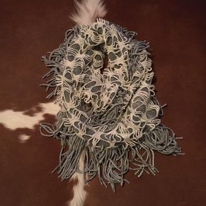 Grey and White Knit Infinity Scarf with Fringe